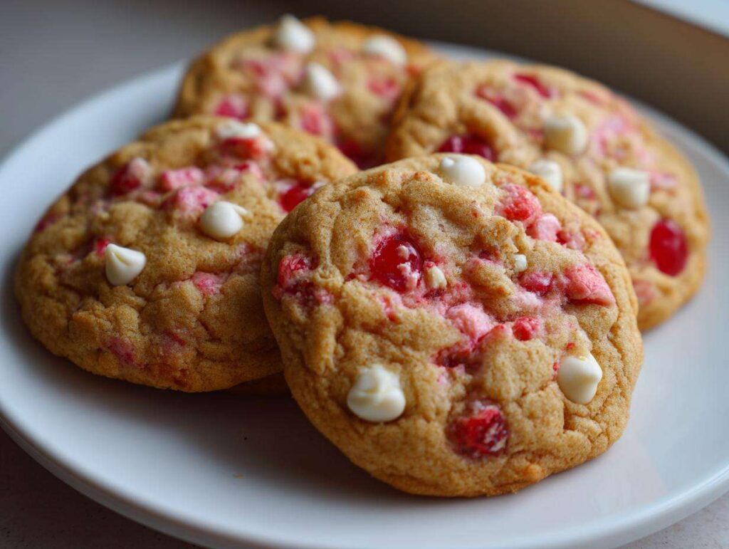 A close-up of soft cherry chip cookies with white chocolate chips on a white plate.