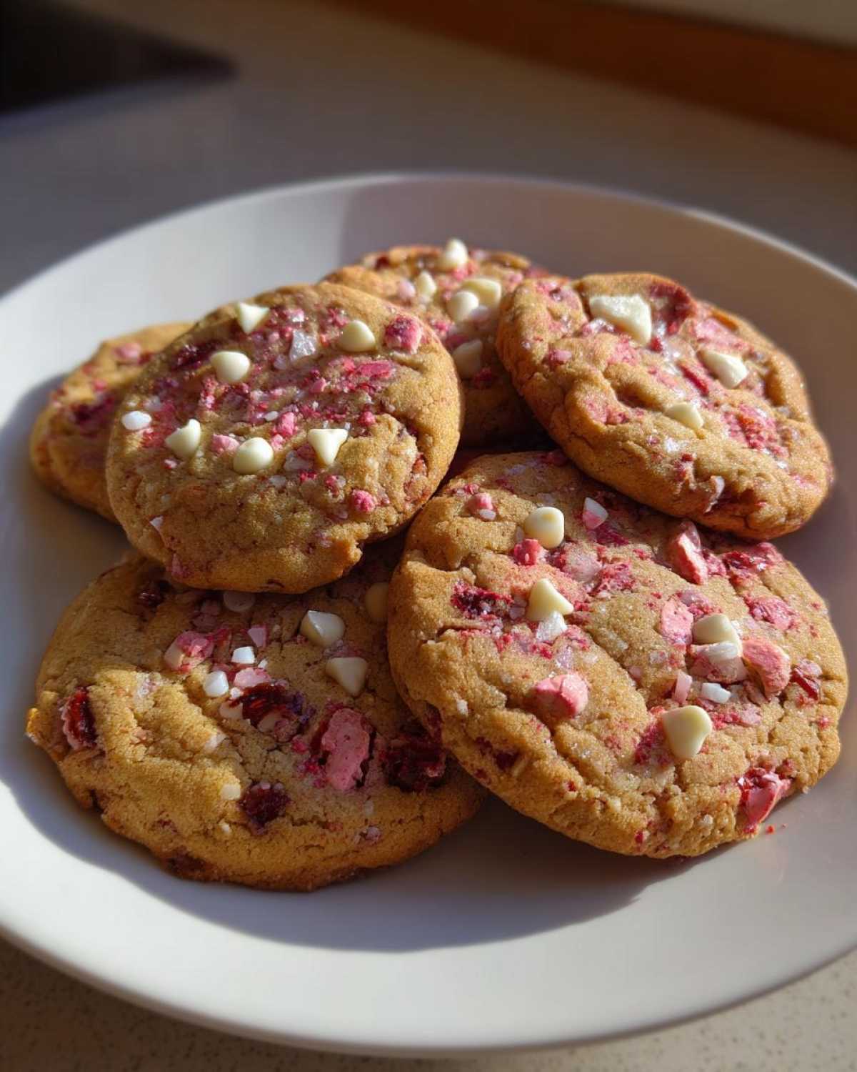 A pile of soft cherry chip cookies topped with white chocolate chips and pink cherry pieces.