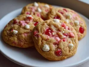 A close-up of soft cherry chip cookies with white chocolate chips on a white plate.