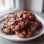 A close-up of a stack of decadent cherry chocolate mocha cookies, with visible chocolate chips and dried cherries.