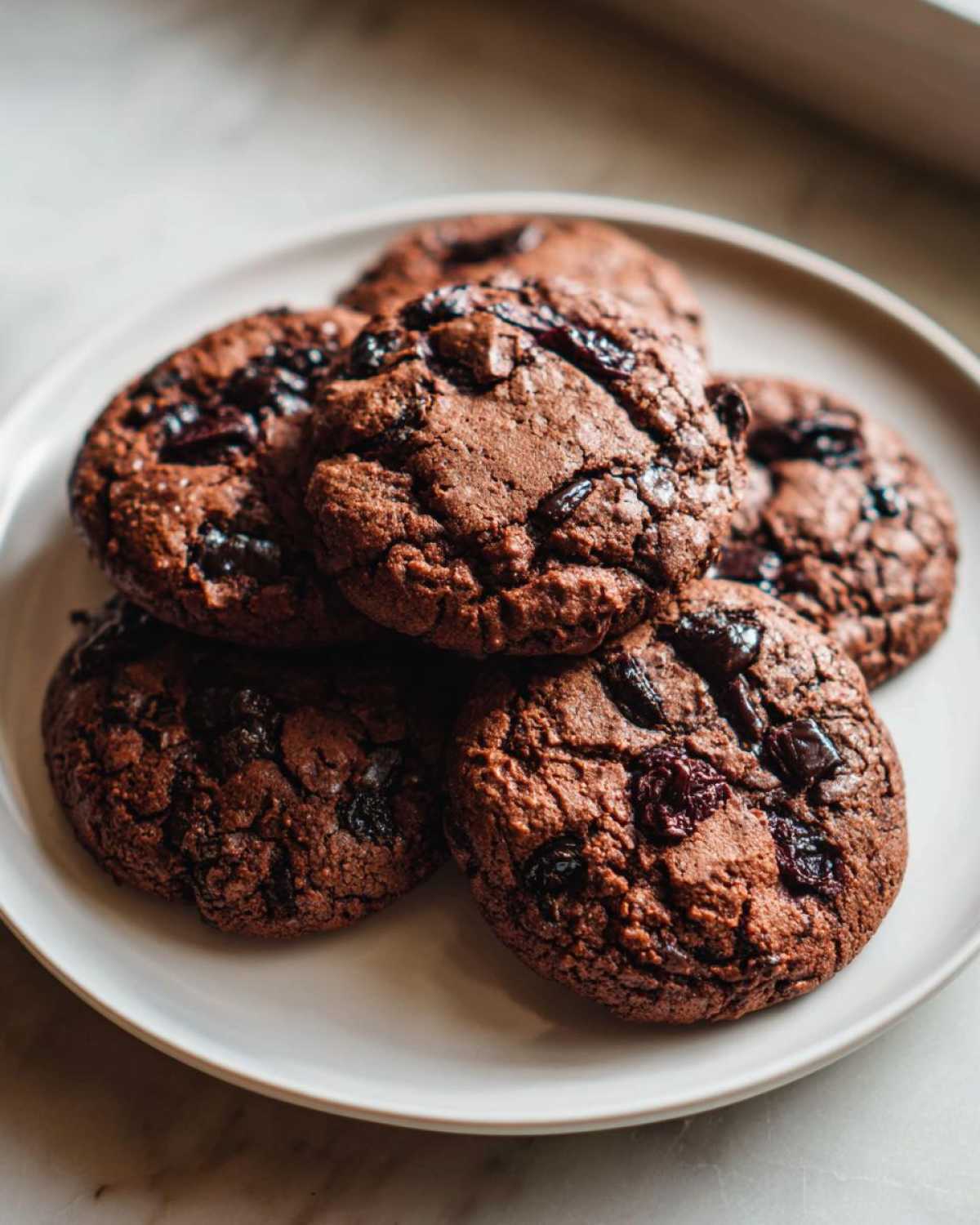 A close-up of a stack of delicious cherry chocolate mocha cookies on a white plate.