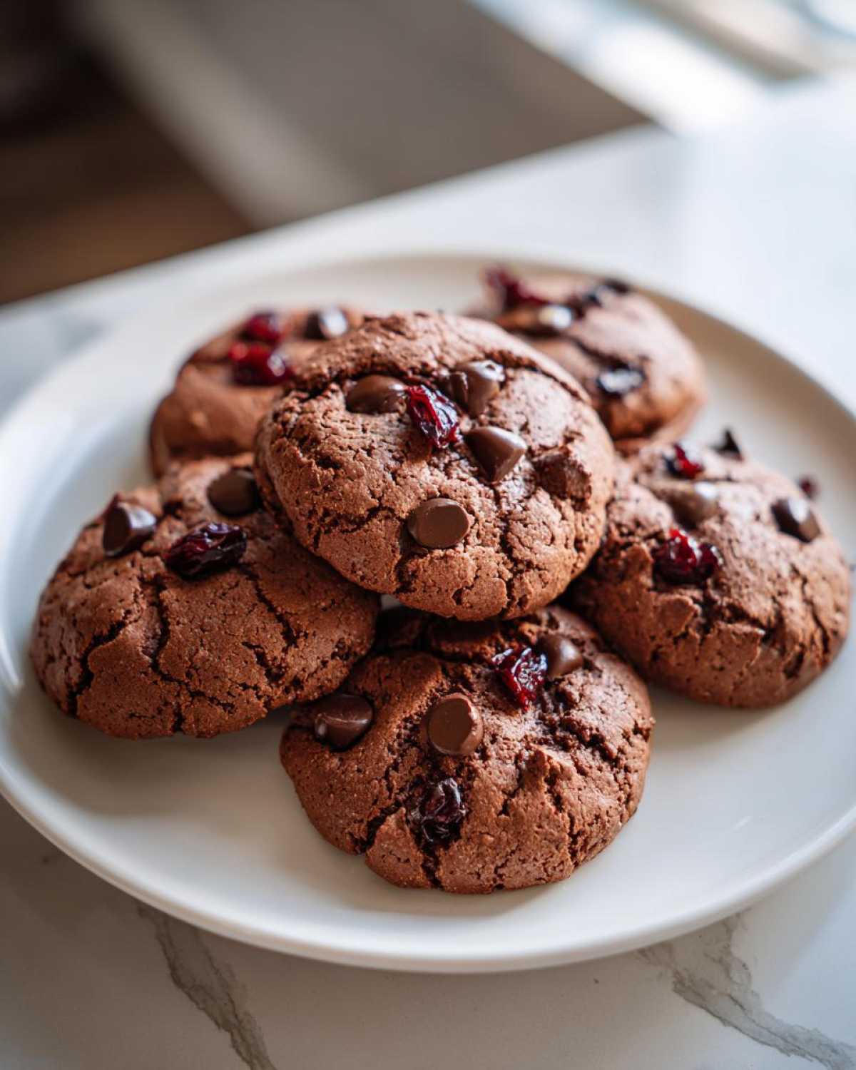 A pile of decadent cherry chocolate mocha cookies with chocolate chips and dried cherries on a white plate.