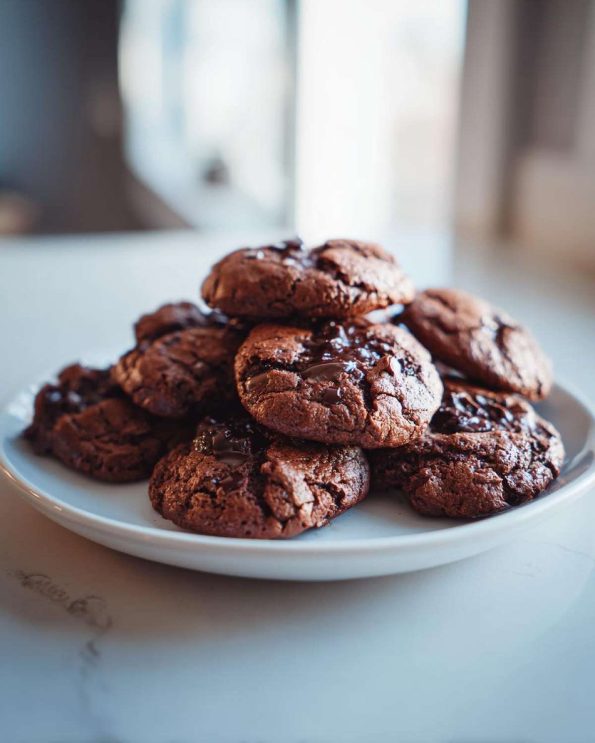 A pile of rich, dark chocolate cookies with visible chocolate chips, perfect for Cherry Chocolate Mocha Cookies.