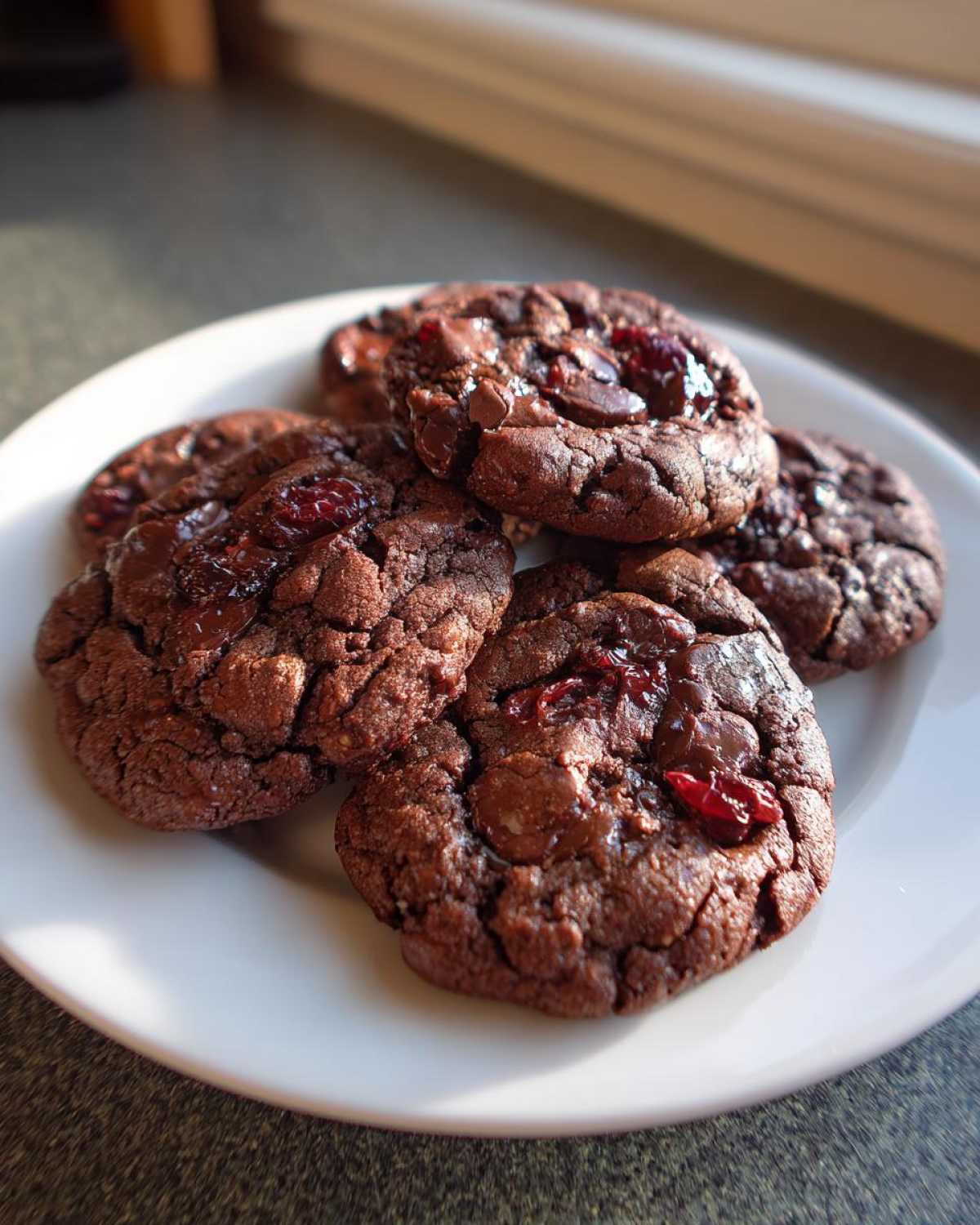 A close-up of several decadent cherry chocolate mocha cookies piled on a white plate, with visible chocolate chips and cherry pieces.