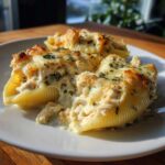 Close-up of creamy chicken alfredo stuffed shells, baked with melted cheese and parsley.