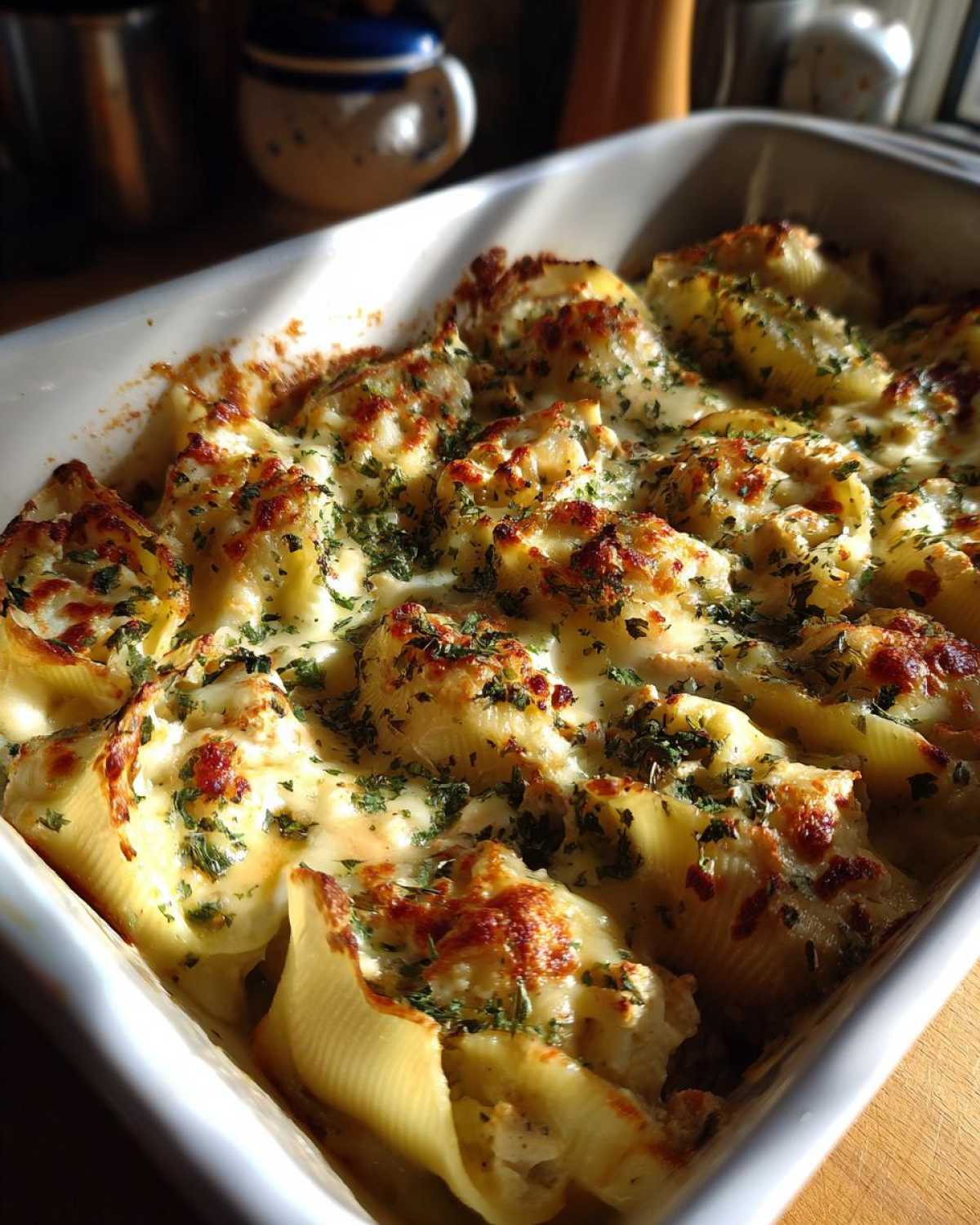 Close-up of golden-brown baked Chicken Alfredo stuffed shells topped with melted cheese and parsley.
