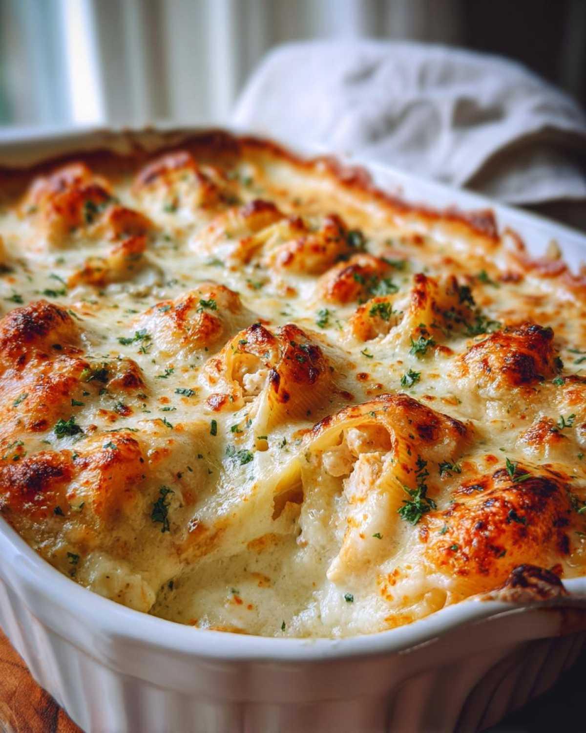 Close-up of baked Chicken Alfredo Stuffed Shells in a white casserole dish, topped with melted cheese and parsley.