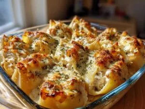Close-up of baked chicken alfredo stuffed shells in a glass dish, topped with melted cheese and herbs.