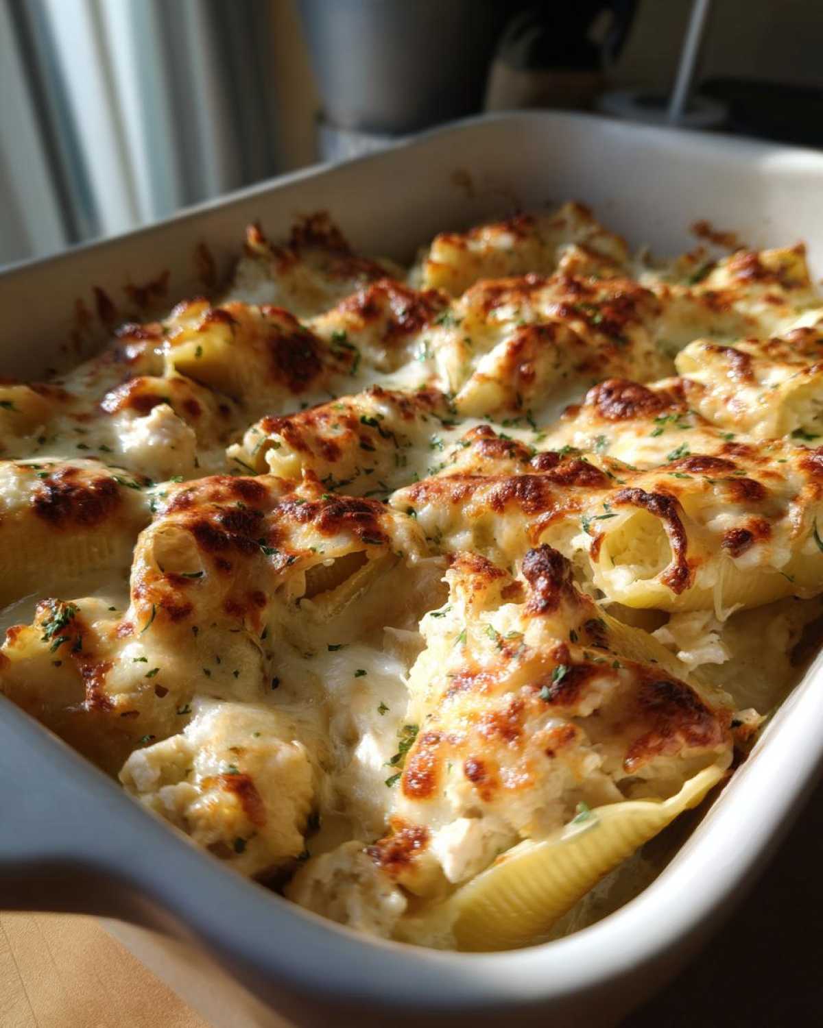Close-up of golden-brown chicken alfredo stuffed shells baked in a creamy sauce and topped with melted cheese and parsley.