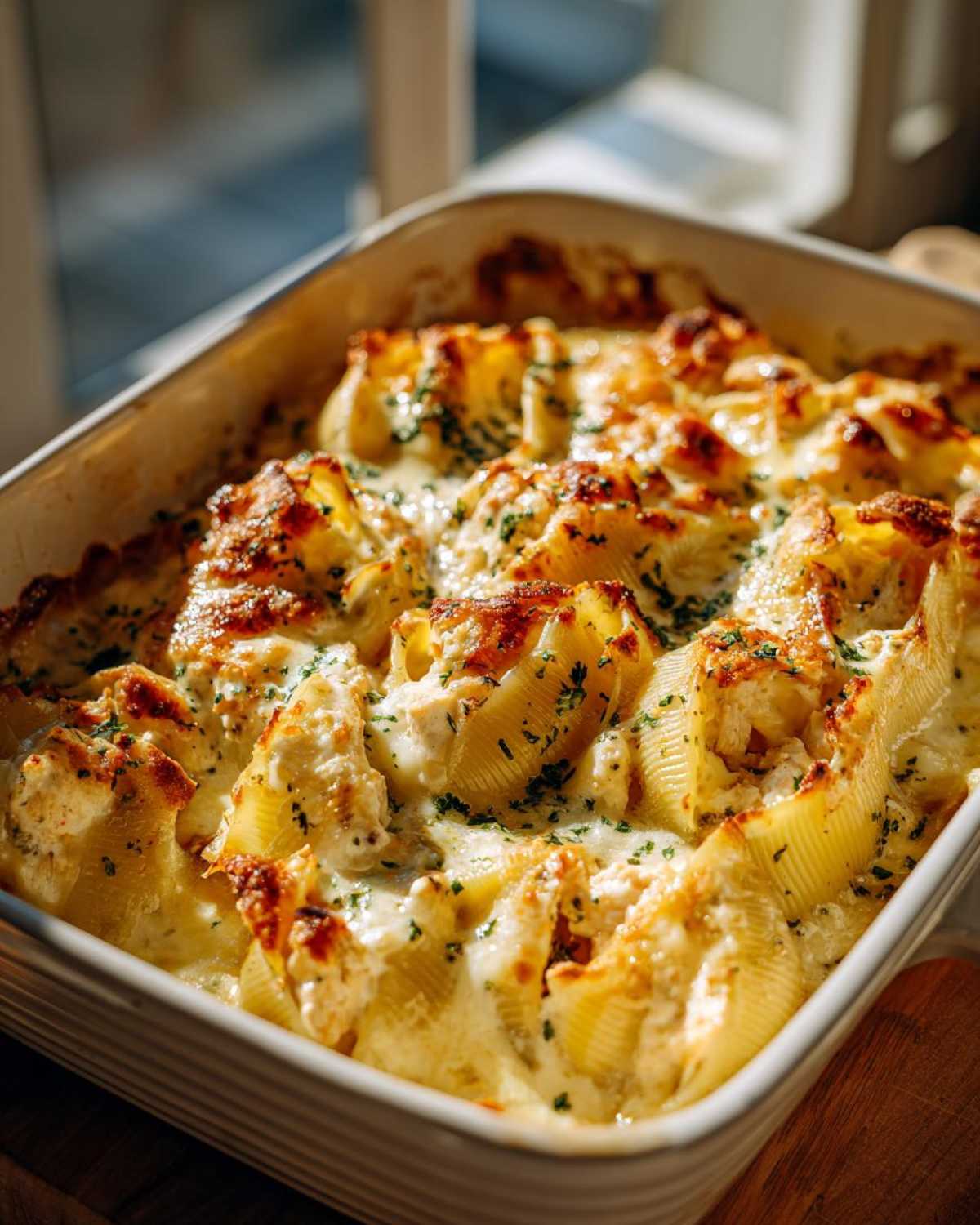 Close-up of baked chicken alfredo stuffed shells in a white baking dish, topped with melted cheese and parsley.