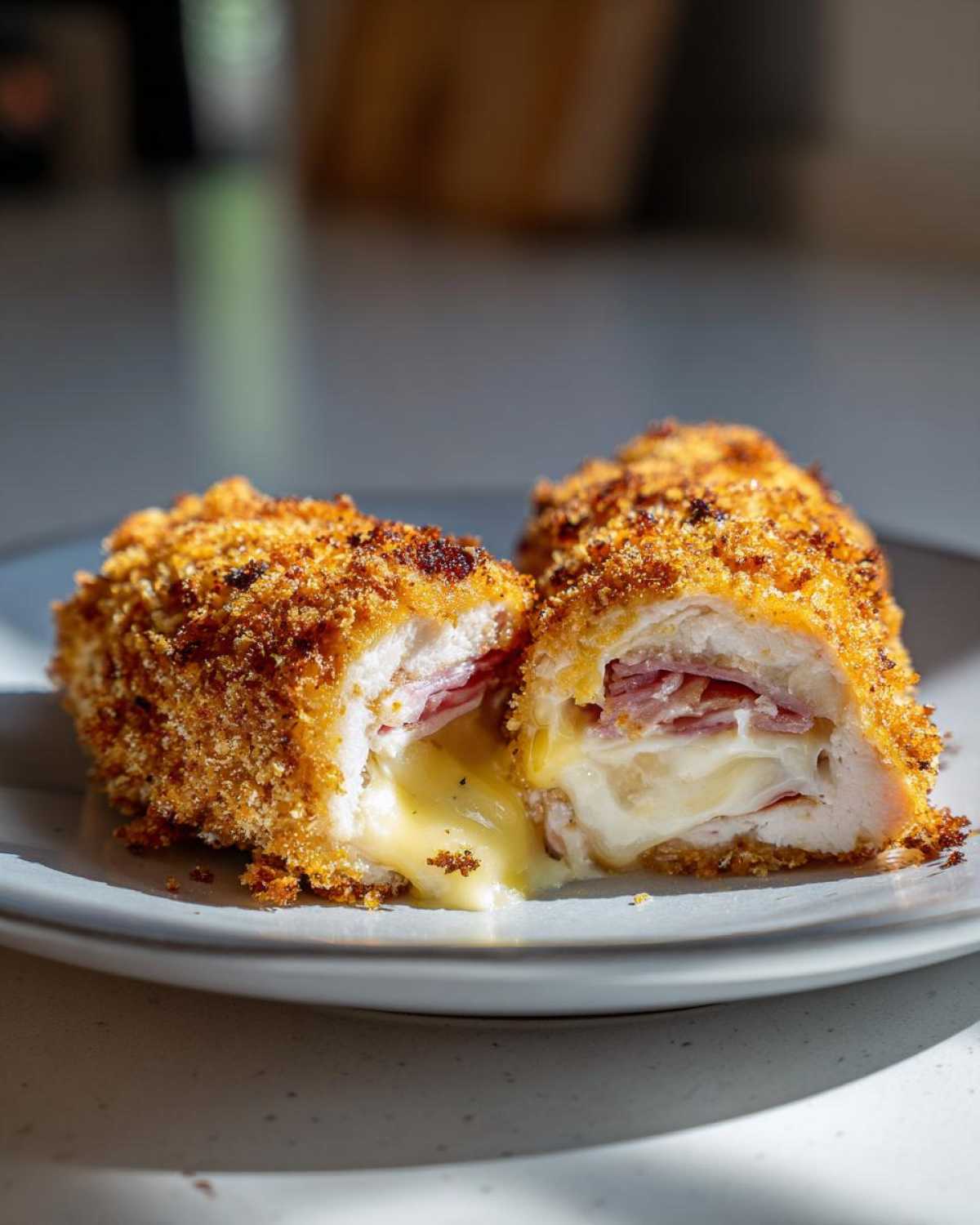 A close-up of a crispy Chicken Cordon Bleu cut in half, revealing melted cheese and ham inside.