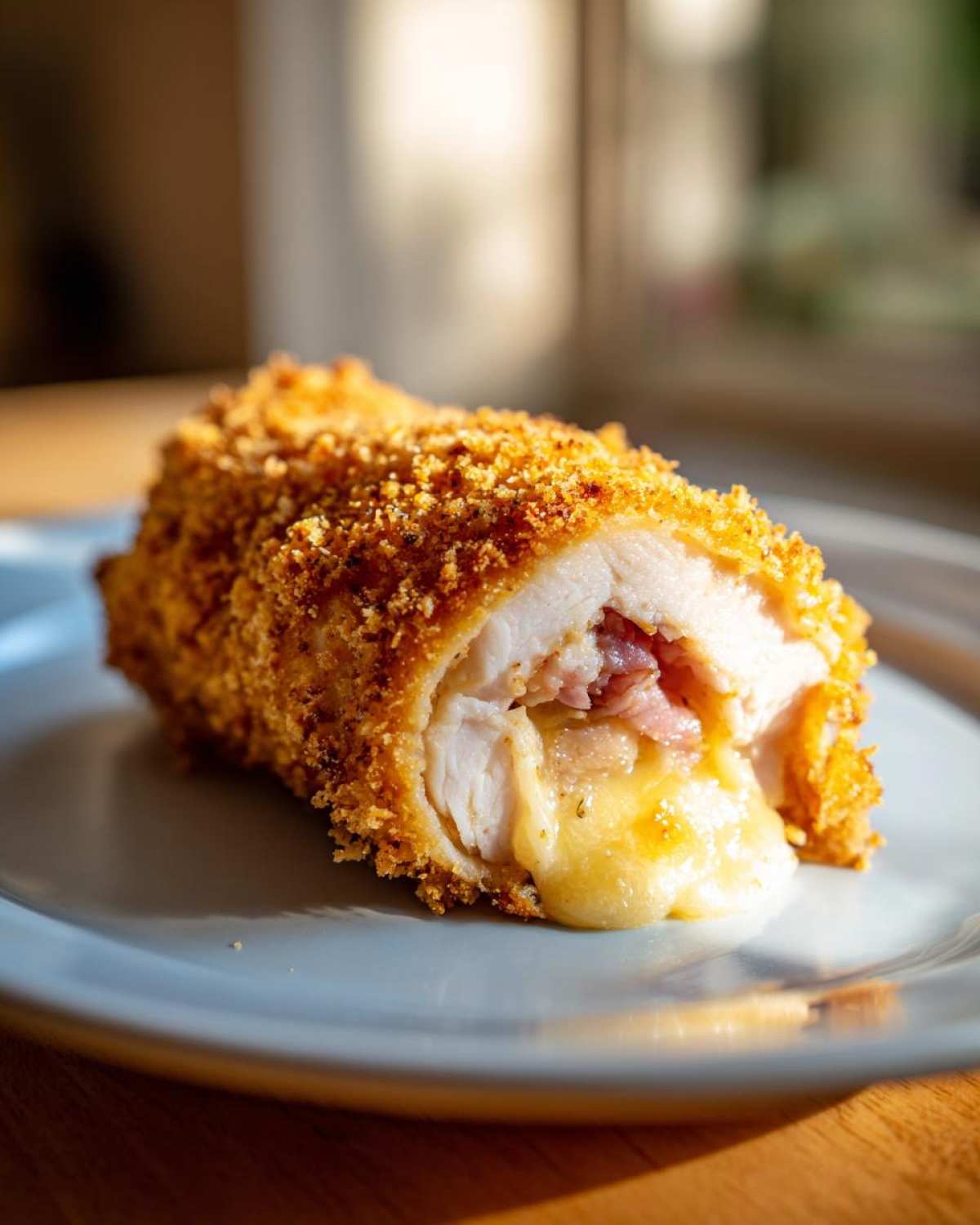 Close-up of a crispy Chicken Cordon Bleu roll, showing melted cheese oozing out, with ham and chicken visible.