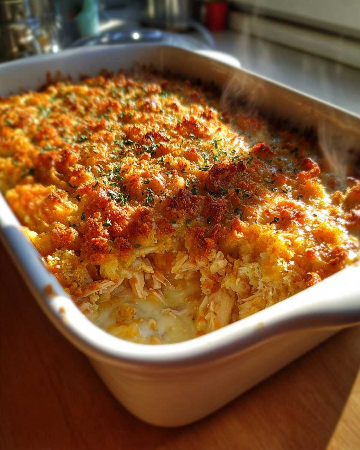 A steaming hot chicken stuffing casserole in a white baking dish, topped with golden-brown stuffing and herbs.