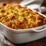 Close-up of a golden brown chicken stuffing casserole in a white baking dish, garnished with fresh parsley.