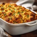 Close-up of a golden brown chicken stuffing casserole in a white baking dish, garnished with fresh parsley.
