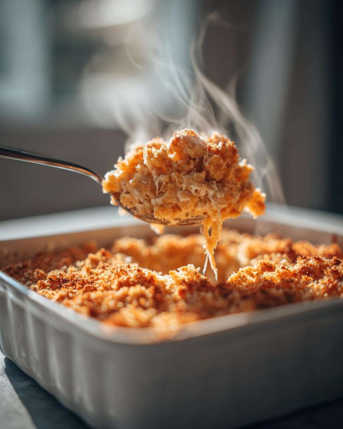 A spoonful of steaming creamy chicken stuffing casserole, showing its cheesy texture.