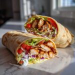 Two halves of a delicious chicken wrap, showcasing tender chicken, crisp lettuce, tomatoes, red onion, and creamy sauce.