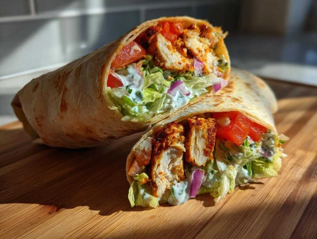Close-up of two halves of a chicken wrap, filled with seasoned chicken, lettuce, tomato, red onion, and creamy sauce.