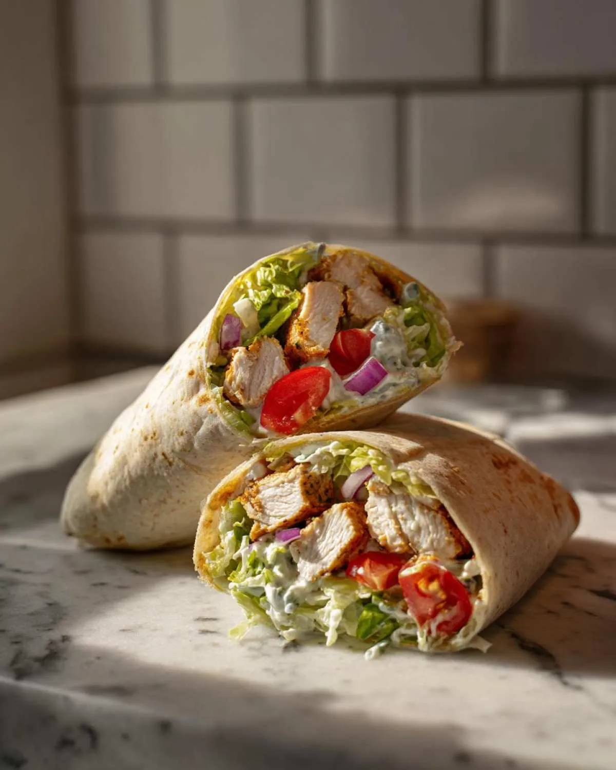 Two halves of a chicken wrap filled with sliced chicken, lettuce, tomatoes, and red onion, with a creamy sauce.