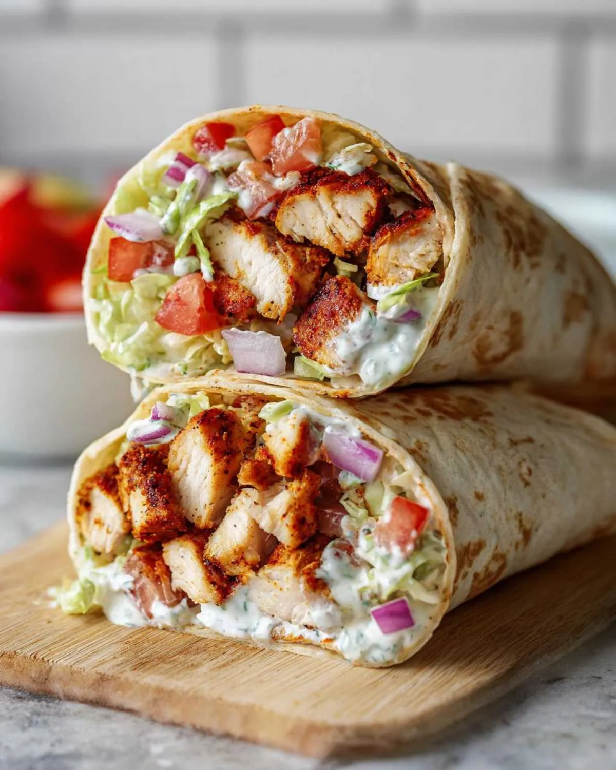 Two stacked chicken wraps filled with seasoned chicken, lettuce, tomatoes, red onion, and creamy sauce.