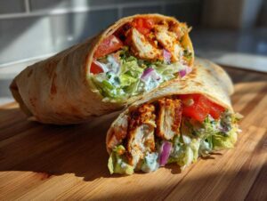Close-up of two halves of a chicken wrap, filled with seasoned chicken, lettuce, tomato, red onion, and creamy sauce.