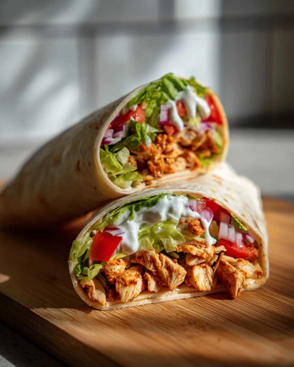Close-up of two halves of a delicious chicken wrap filled with seasoned chicken, lettuce, tomatoes, onions, and a creamy sauce.
