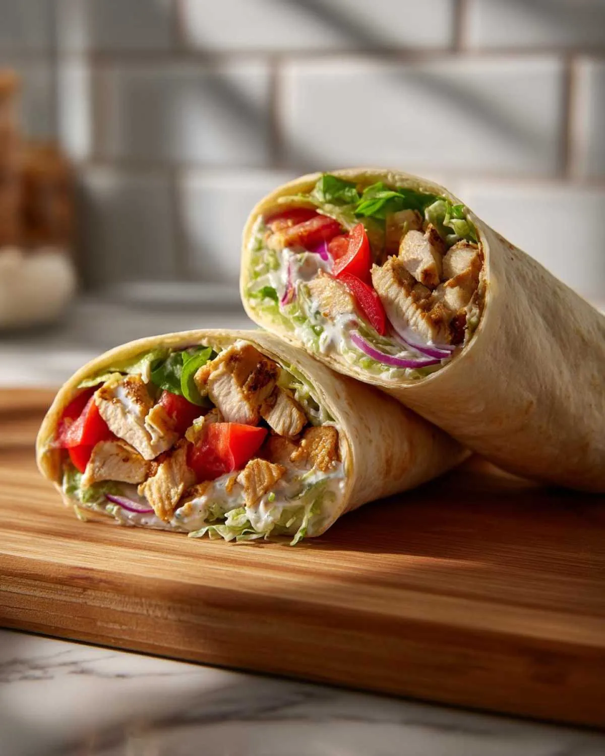 Two freshly made chicken wraps filled with grilled chicken, lettuce, tomatoes, and red onion on a wooden board.