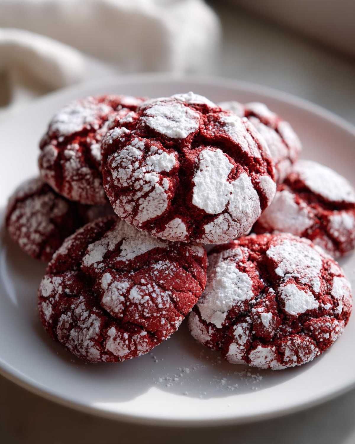 A pile of red velvet Christmas crinkle cookies from cake mix, dusted with powdered sugar.