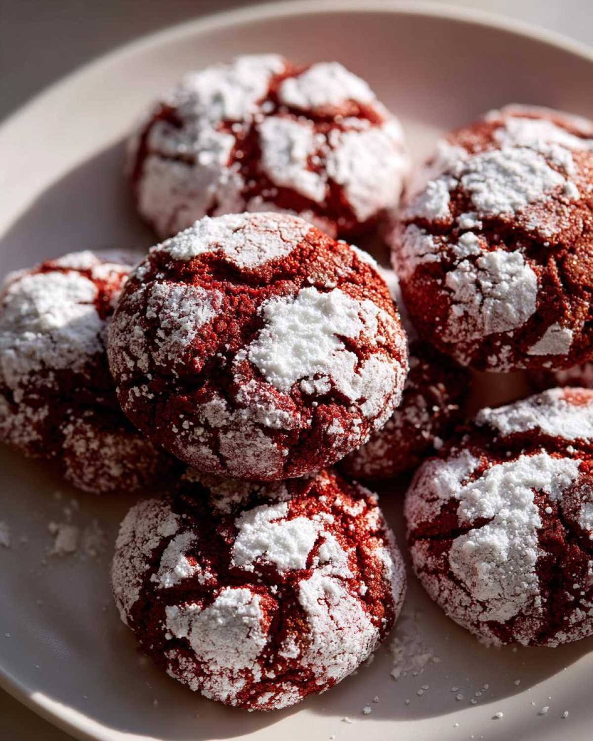 A pile of red velvet Christmas crinkle cookies from cake mix, dusted with powdered sugar.