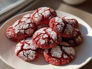 A pile of red Christmas crinkle cookies from cake mix, dusted with powdered sugar.