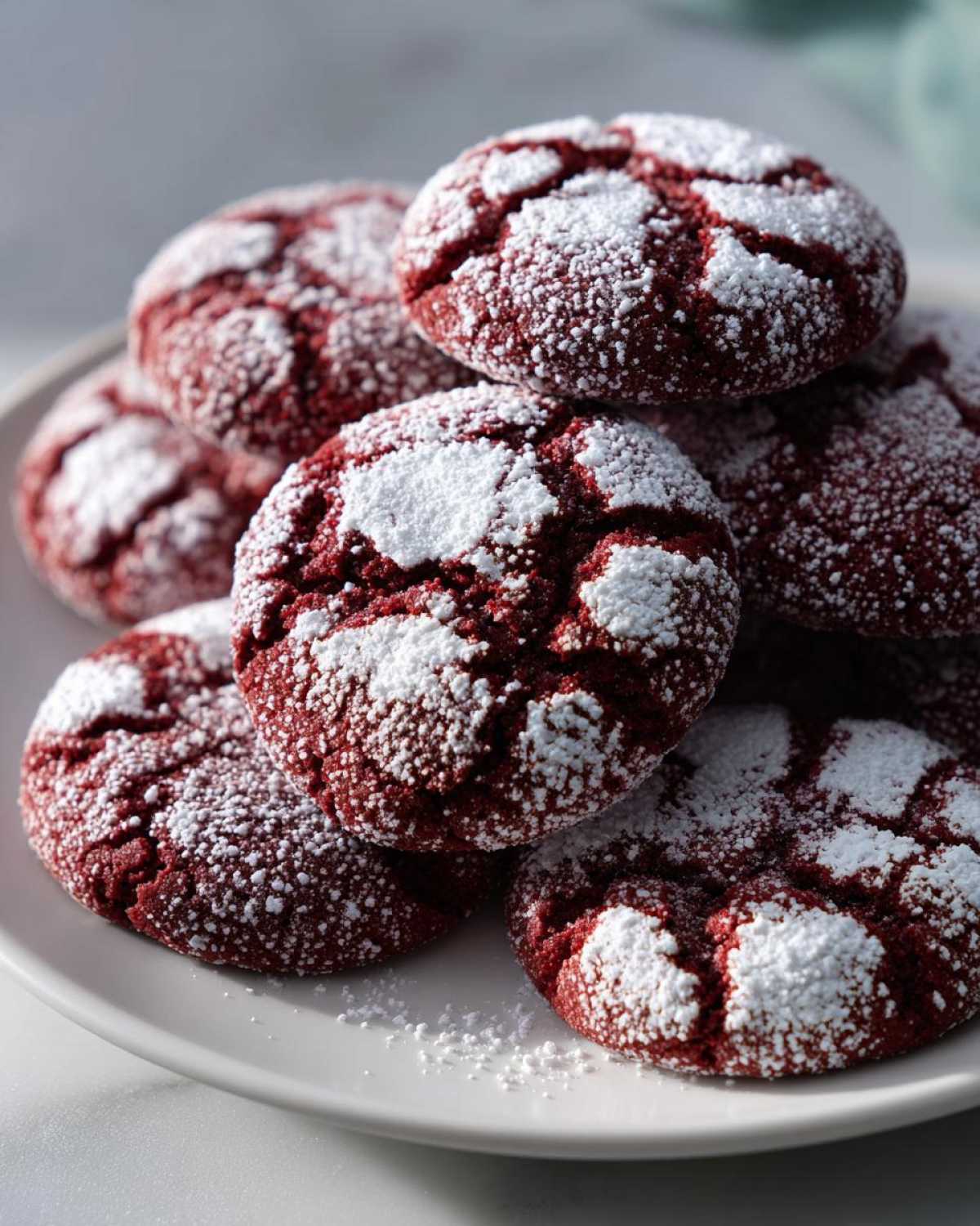 A pile of festive red velvet Christmas crinkle cookies from cake mix, dusted with powdered sugar.