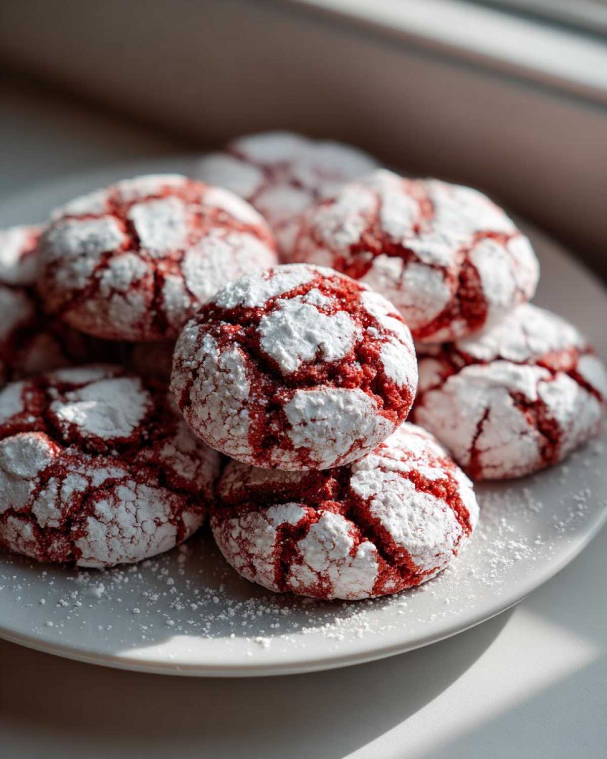 A pile of red velvet Christmas crinkle cookies from cake mix, dusted with powdered sugar.