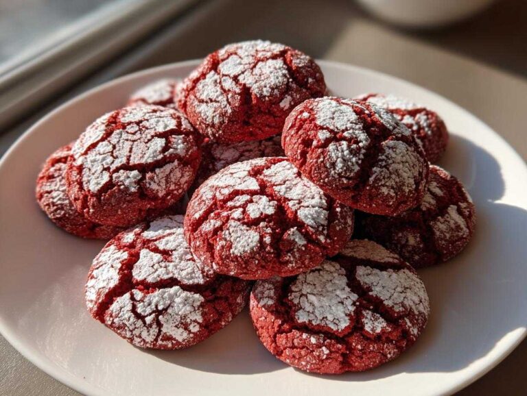 A pile of red Christmas crinkle cookies from cake mix, dusted with powdered sugar.