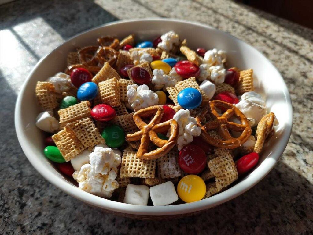 A close-up of a white bowl filled with a colorful Christmas snack mix, featuring pretzels, M&Ms, popcorn, and cereal squares.