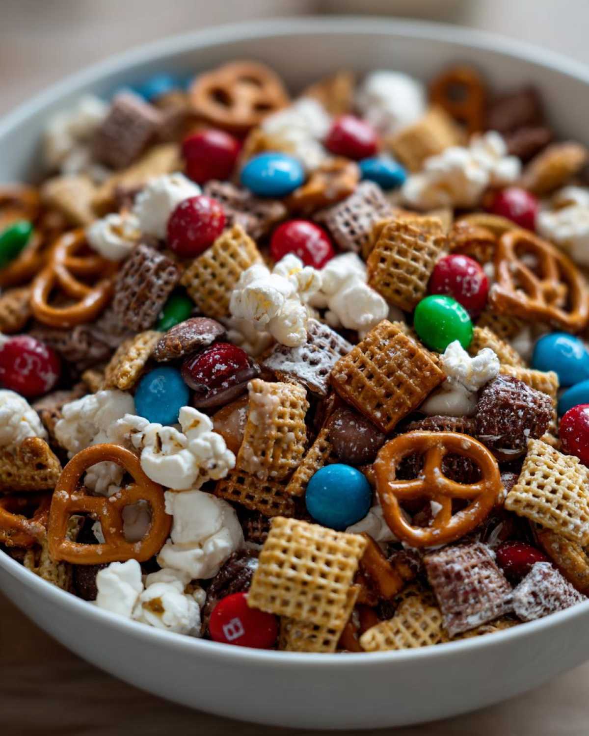 A close-up of a white bowl filled with a colorful Christmas snack mix, featuring pretzels, cereal squares, popcorn, and M&Ms.
