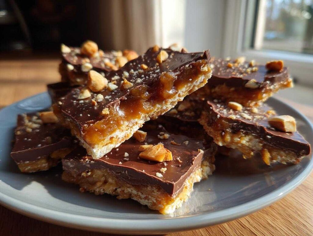 A stack of irresistible Christmas toffee squares topped with chocolate and chopped nuts on a gray plate.