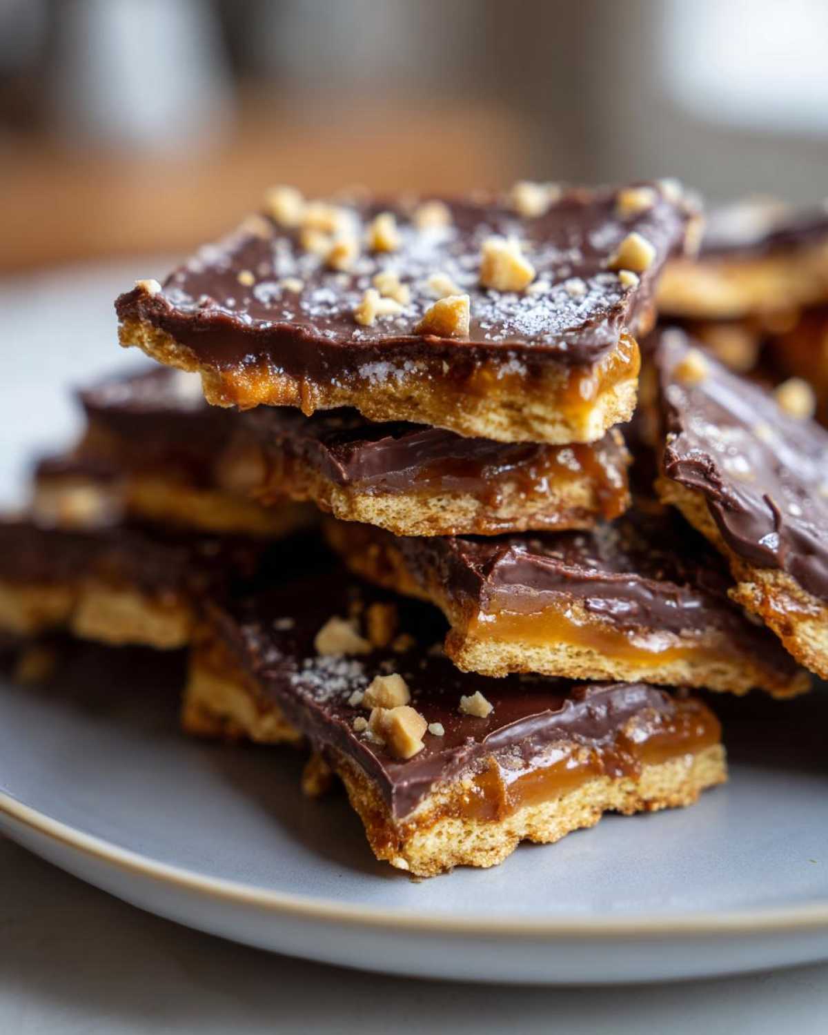 A close-up stack of Christmas toffee squares, featuring a chocolate topping, gooey caramel, and a biscuit base, sprinkled with nuts and powdered sugar.