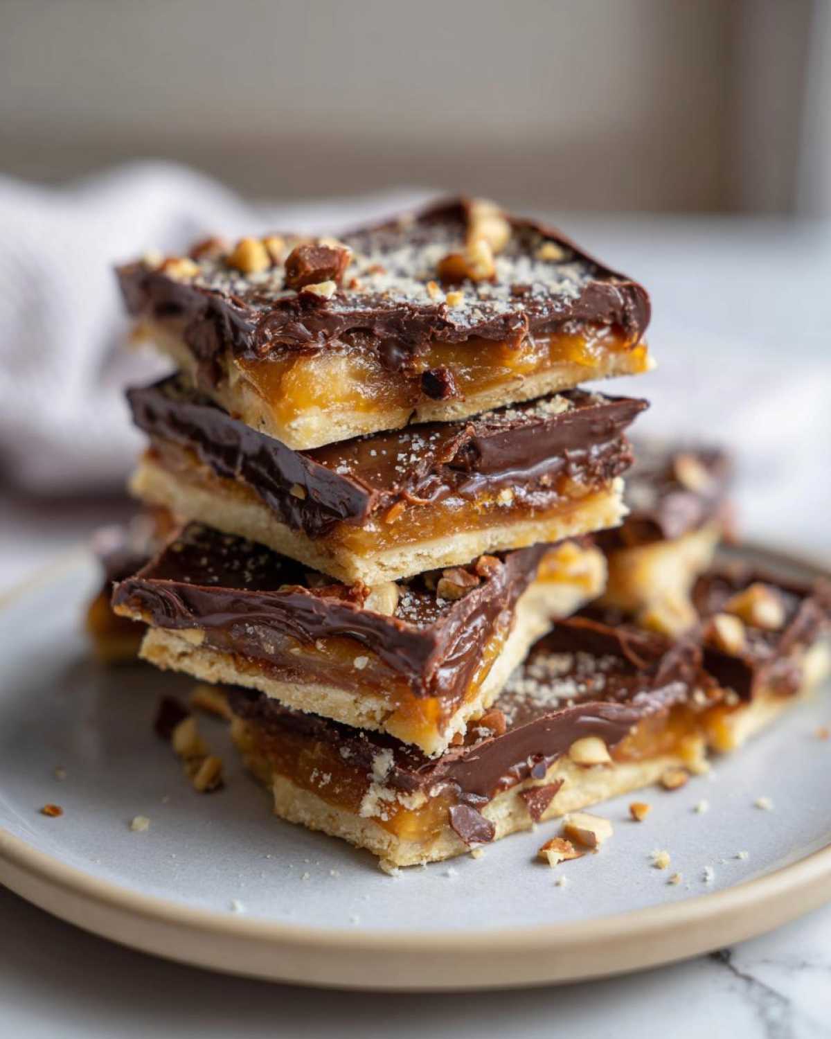 A stack of delicious Christmas toffee squares topped with chocolate and chopped nuts, served on a plate.