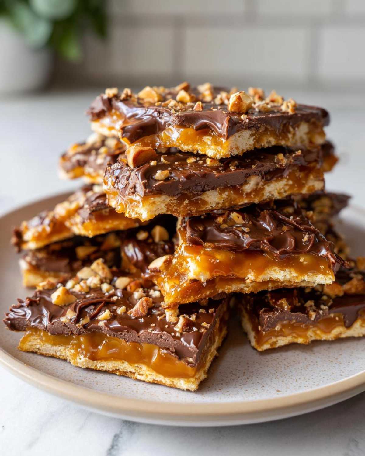 A stack of delicious Christmas toffee squares, featuring a crunchy base, gooey caramel, and chocolate topping with nuts.