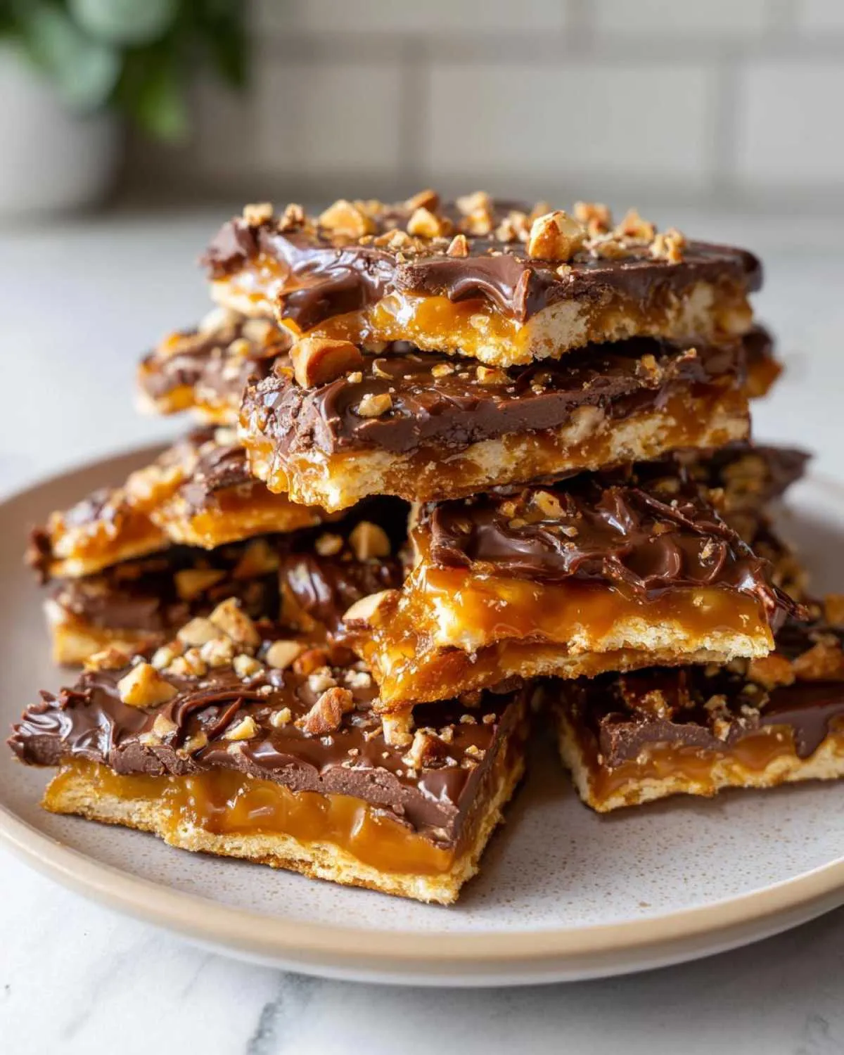 A stack of delicious Christmas toffee squares, featuring a crunchy base, gooey caramel, and chocolate topping with nuts.