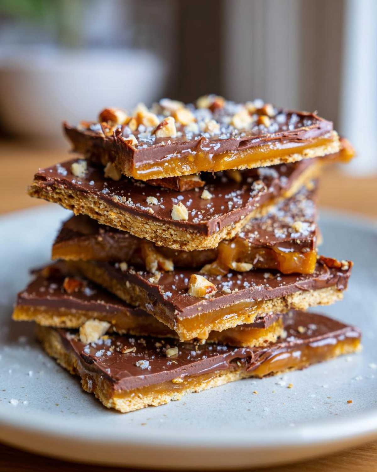 A stack of delicious Christmas toffee squares topped with chocolate, caramel, chopped nuts, and sea salt.
