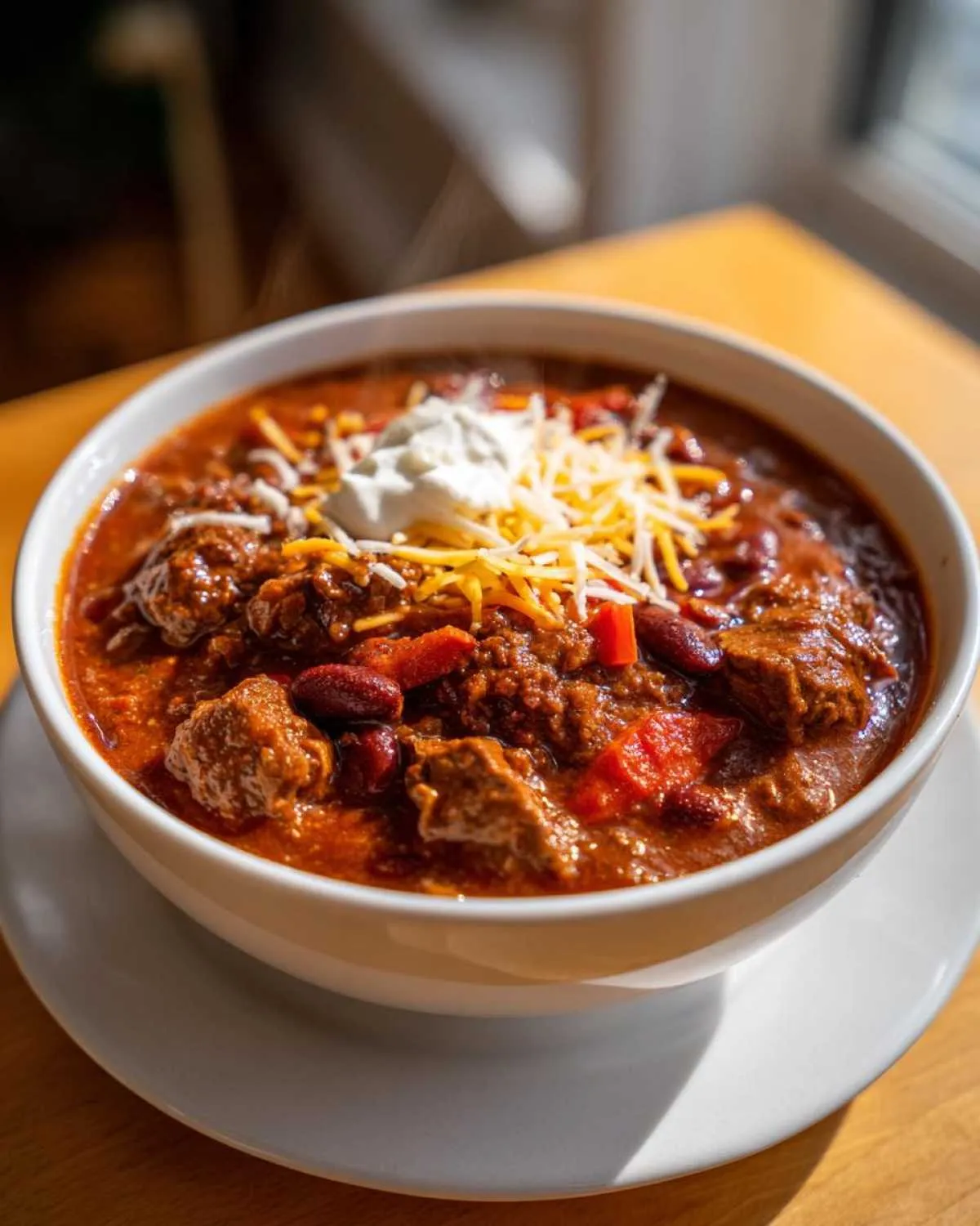 A steaming bowl of rich chuck roast chili, topped with shredded cheese and a dollop of sour cream.