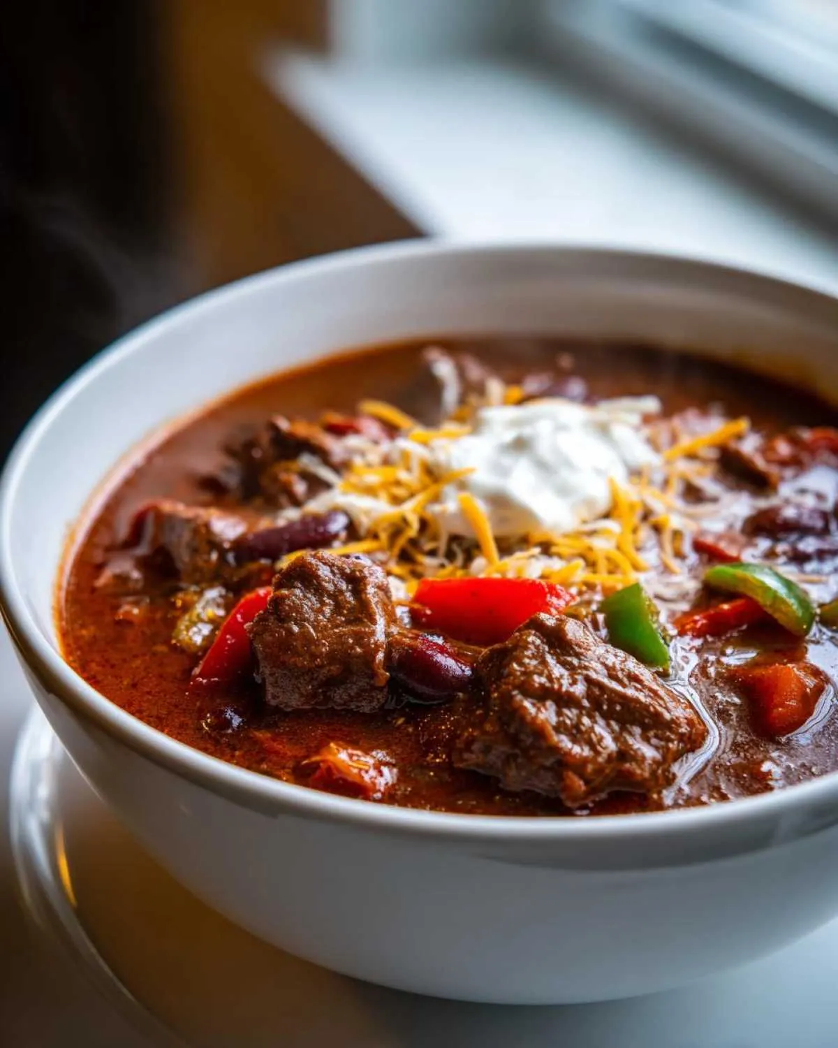 A close-up of a bowl of savory chuck roast chili, topped with shredded cheese and a dollop of sour cream.