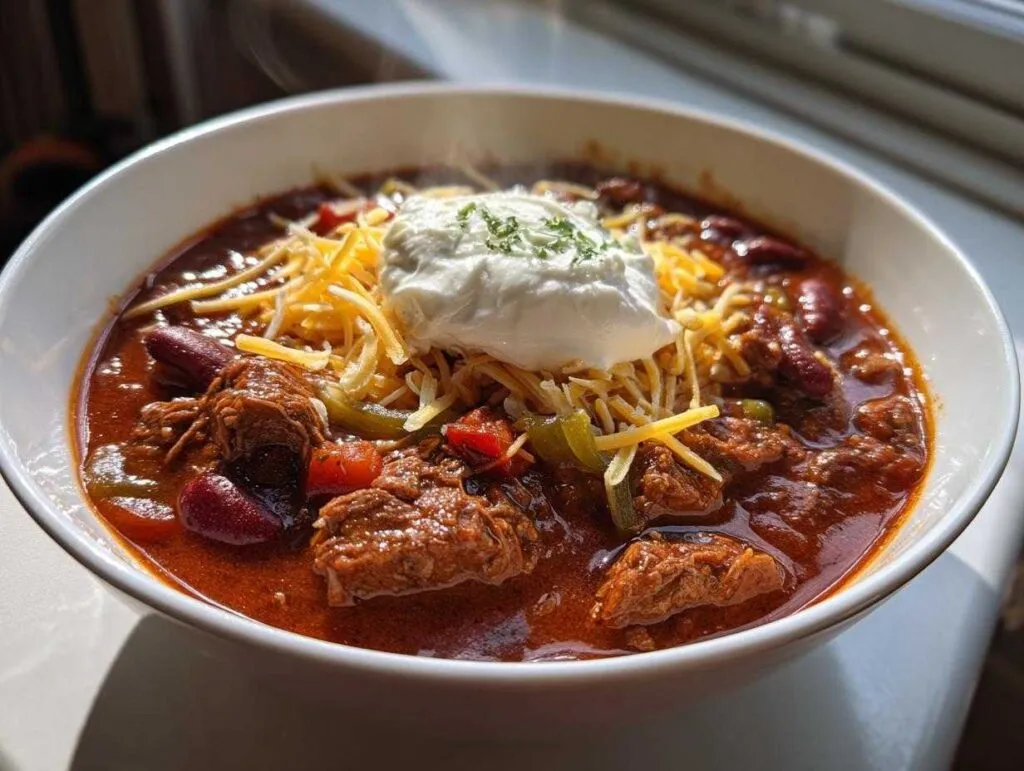A steaming bowl of rich chuck roast chili topped with shredded cheese, sour cream, and parsley.
