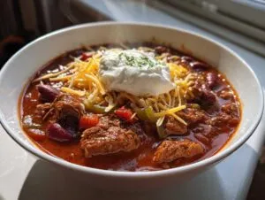 A steaming bowl of rich chuck roast chili topped with shredded cheese, sour cream, and parsley.