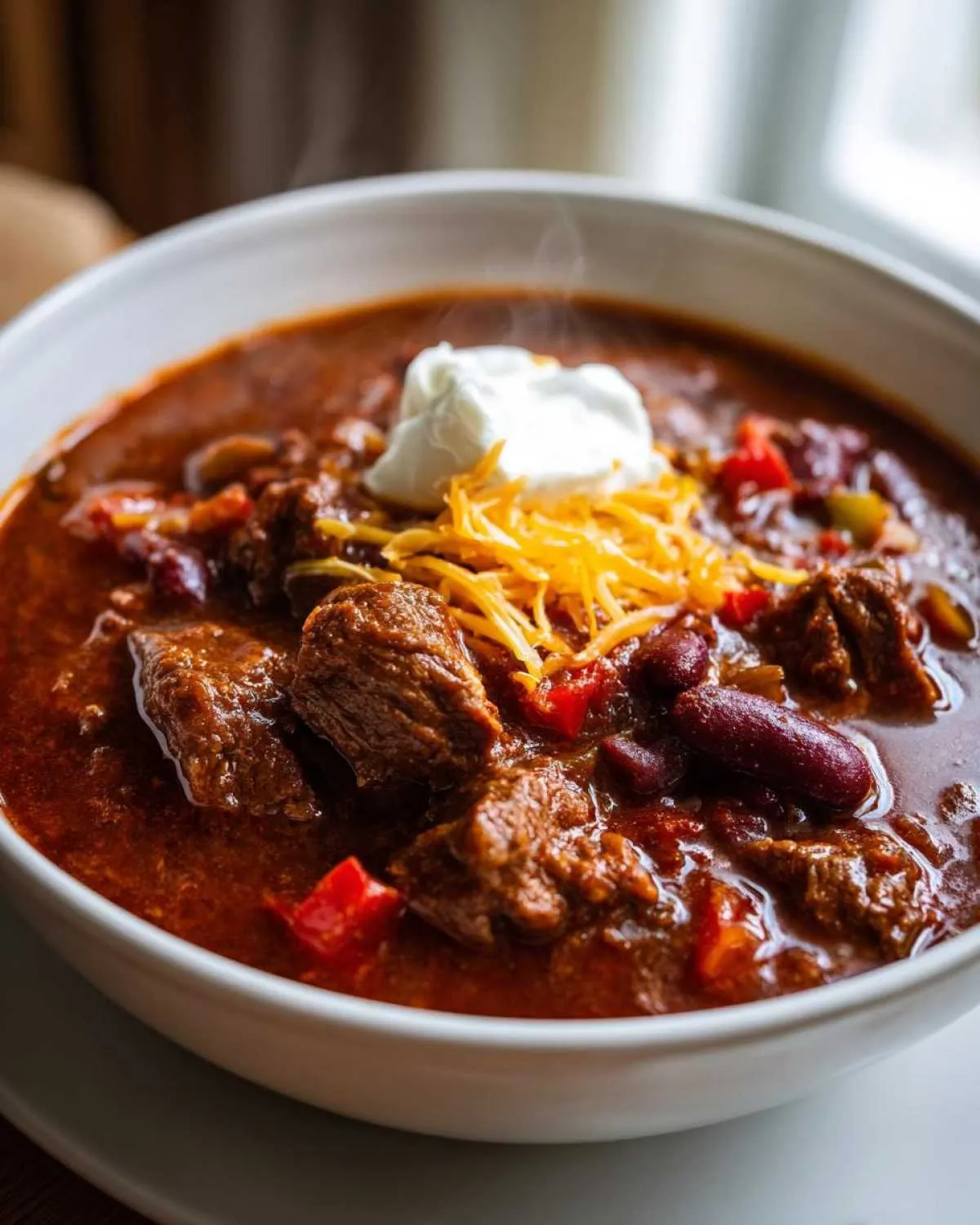 A steaming bowl of rich chuck roast chili, topped with shredded cheese and a dollop of sour cream.