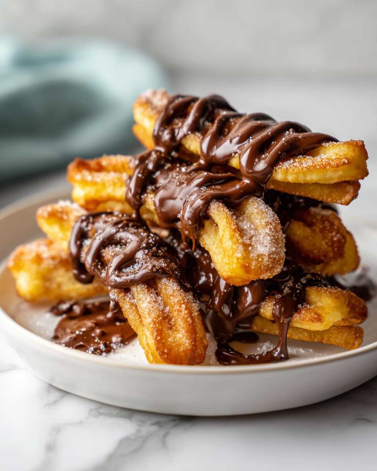 A stack of churro cracker candy coated in sugar and drizzled with melted chocolate.