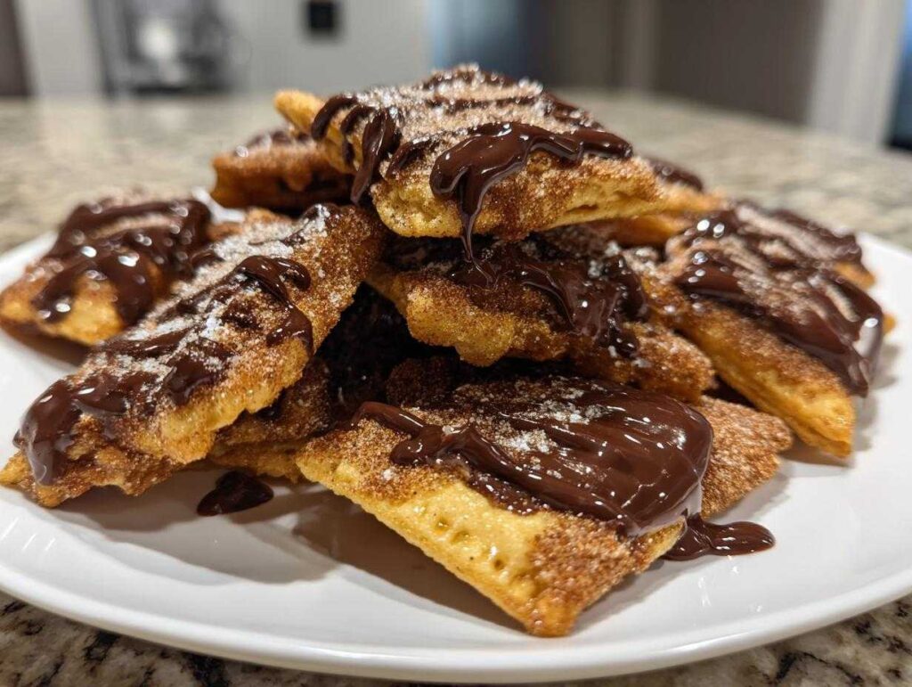 A pile of crispy churro cracker candy pieces drizzled with melted chocolate and dusted with cinnamon sugar.