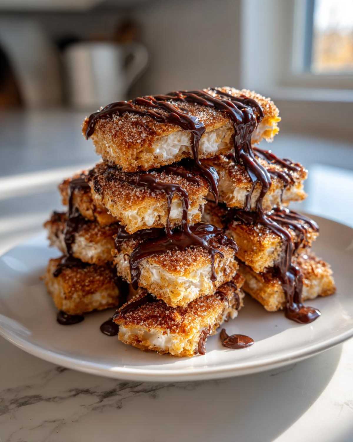 A stack of golden-brown Churro Cracker Candy pieces, coated in cinnamon sugar and drizzled with rich chocolate sauce.