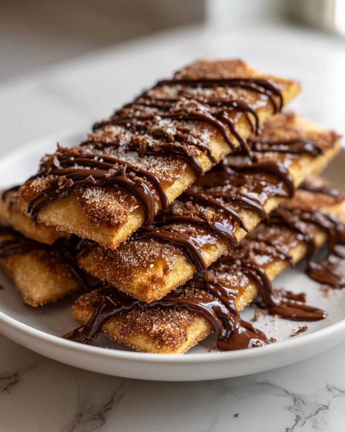 A stack of golden-brown Churro cracker candy pieces, coated in cinnamon sugar and drizzled with rich chocolate sauce.
